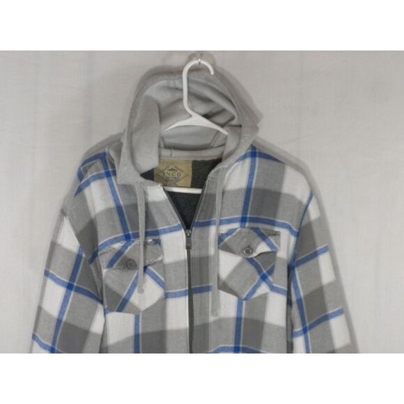 JNCO Jeans Hoodie Shacket Mens XL Blue Gray Plaid Fleece Lined Zip Up Y2K Grunge - Picture 2 of 14